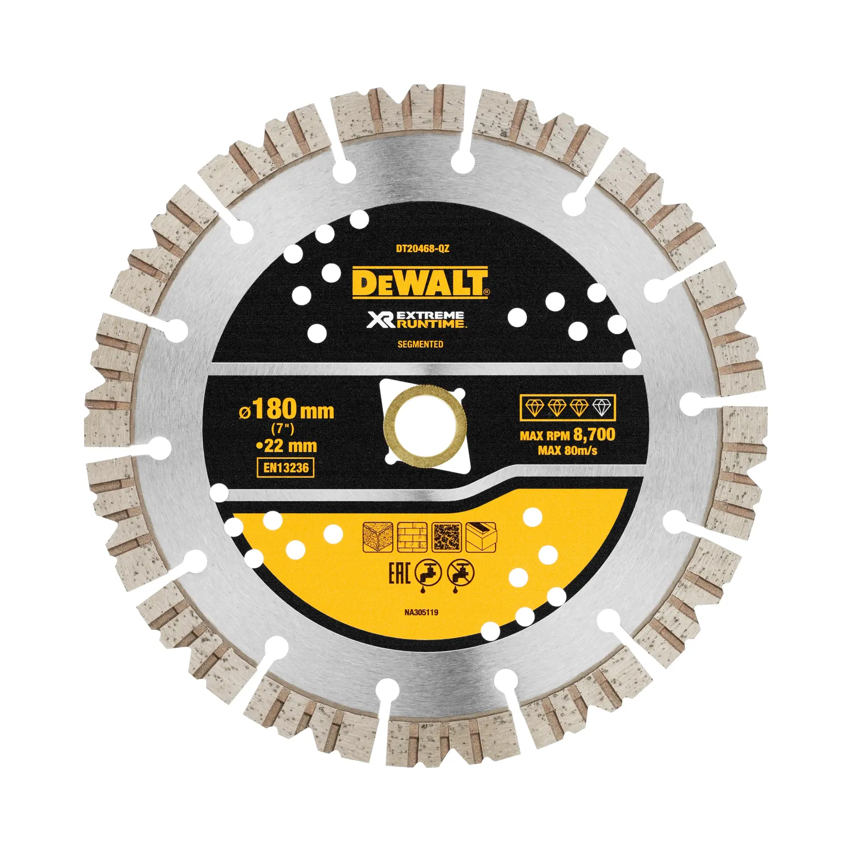 DEWALT segmentierte Diamantscheibe DT20468 zum Schneiden, 180 mm Durchmesser, Extreme Runtime.