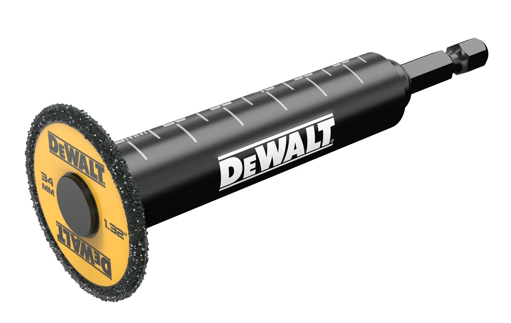 DEWALT DT20563 rotierendes Schleifwerkzeug mit schwarzem Griff und gelber Scheibe zum Schneiden oder Schleifen.