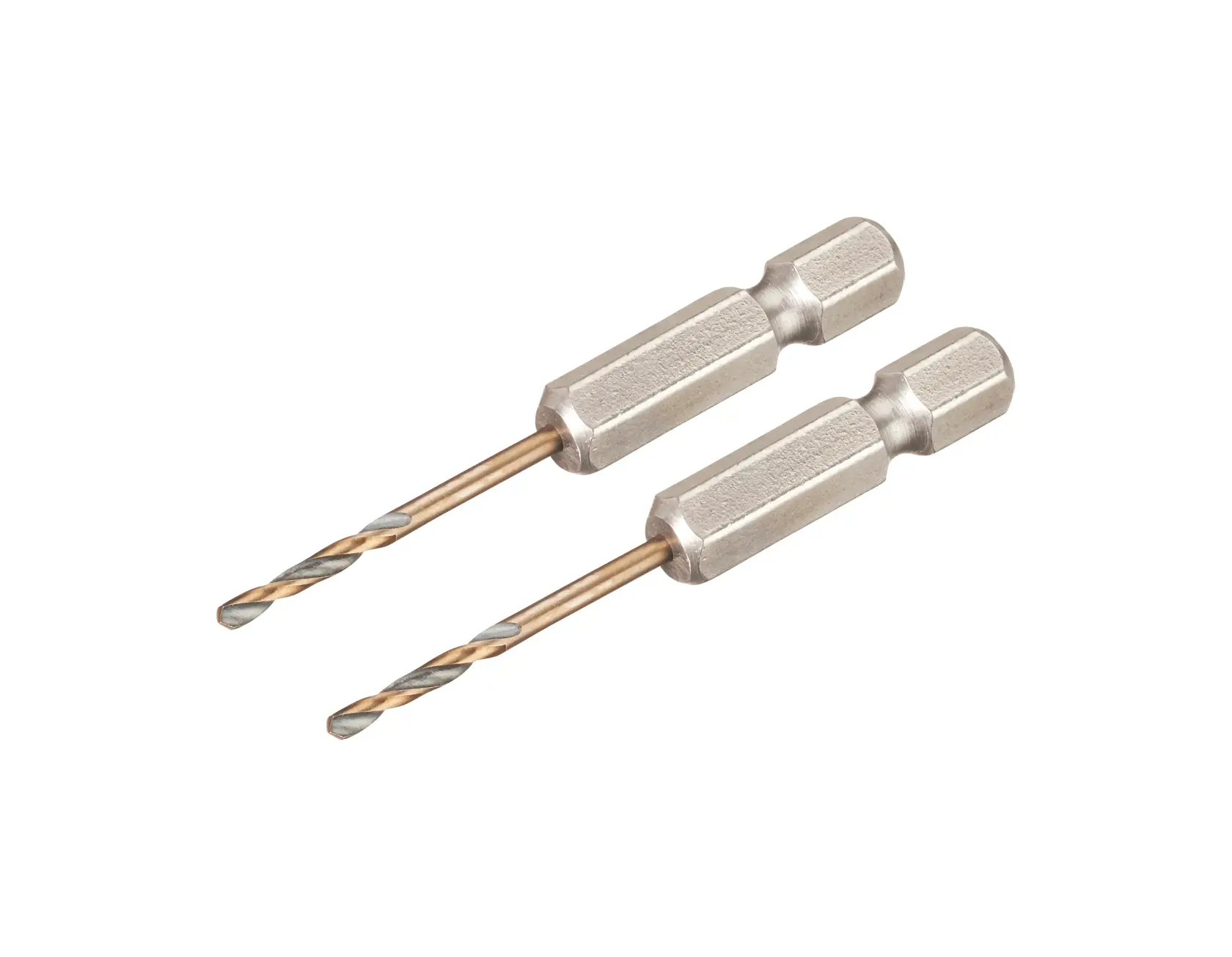 Zwei DEWALT DT20600 Bohrer mit Sechskant-Schaft vor weißem Hintergrund.