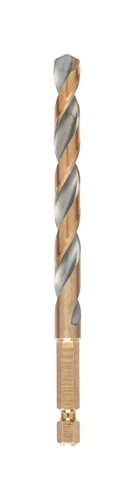 DEWALT Sechskant-Bohrer mit Gold-Silber-Spirale, geeignet für Metall- und Holzbohrungen.