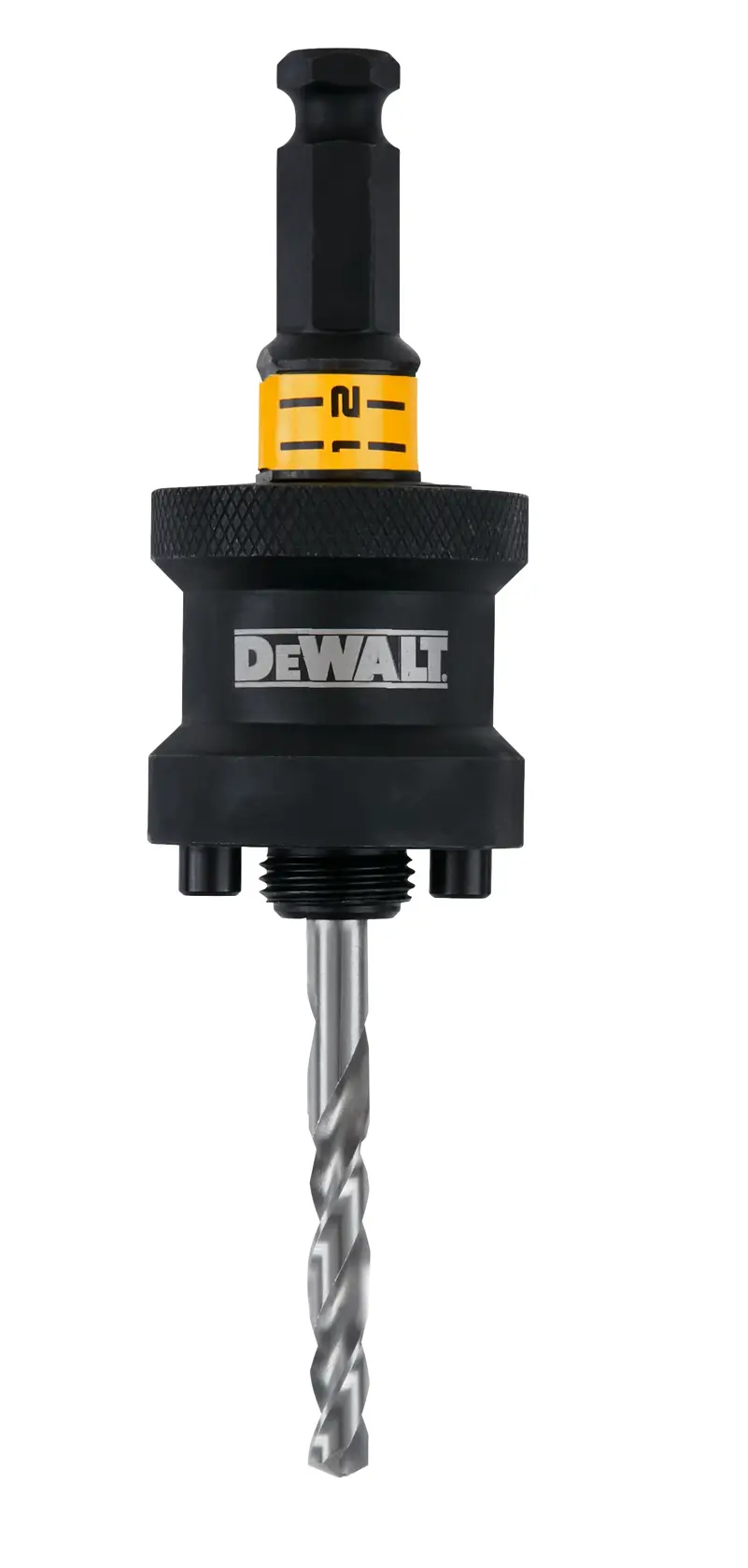 DEWALT Lochsäge-Aufnahme mit Bohrer, schwarz-gelb, für die Montage an Elektrosägen.