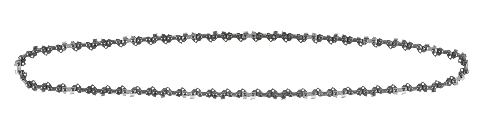 Eine Ersatzkettensägekette, flach in ovaler Form mit sichtbaren Schneidgliedern und Verbindungsstücken.