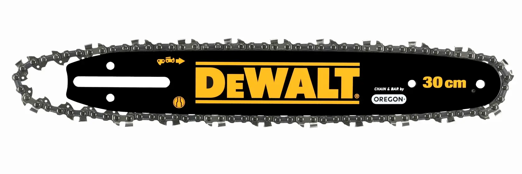 DEWALT 30cm Kettensägenblatt und Kette, schwarz mit gelbem Logo, für Holzschnitt.
