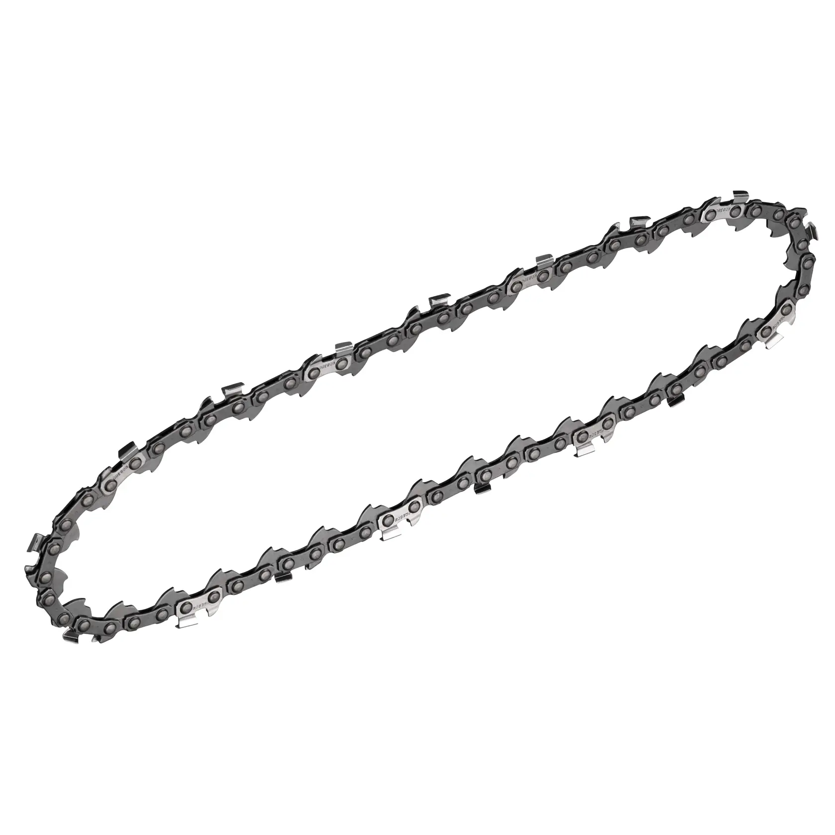 Eine DEWALT Ersatzkette für Kettensägen, in einer elliptischen Schlaufe gezeigt, mit scharfen Metallgliedern zum Schneiden.