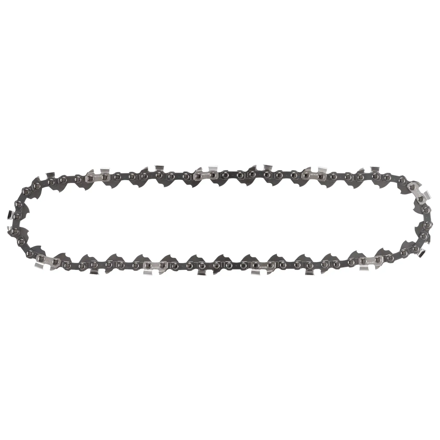 Eine Ersatz-Kettensägekette mit scharfen Schneidzähnen zur Verwendung mit DEWALT-Kettensägen, dargestellt vor weißem Hintergrund.