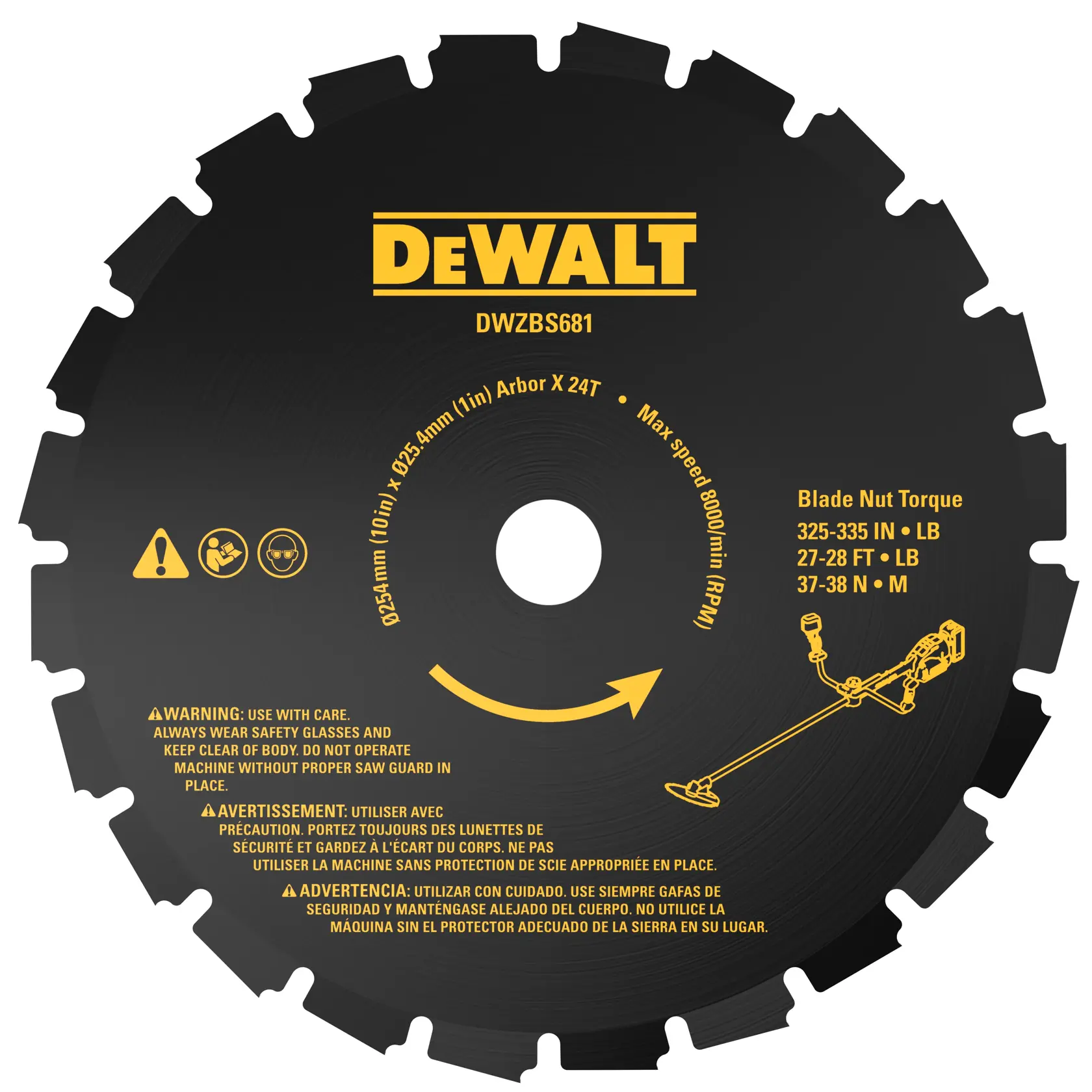 DEWALT Sägeblatt für Fotografie, DT20696-QZ, DT20696 SKUs mit Spezifikationen und Sicherheitssymbolen.