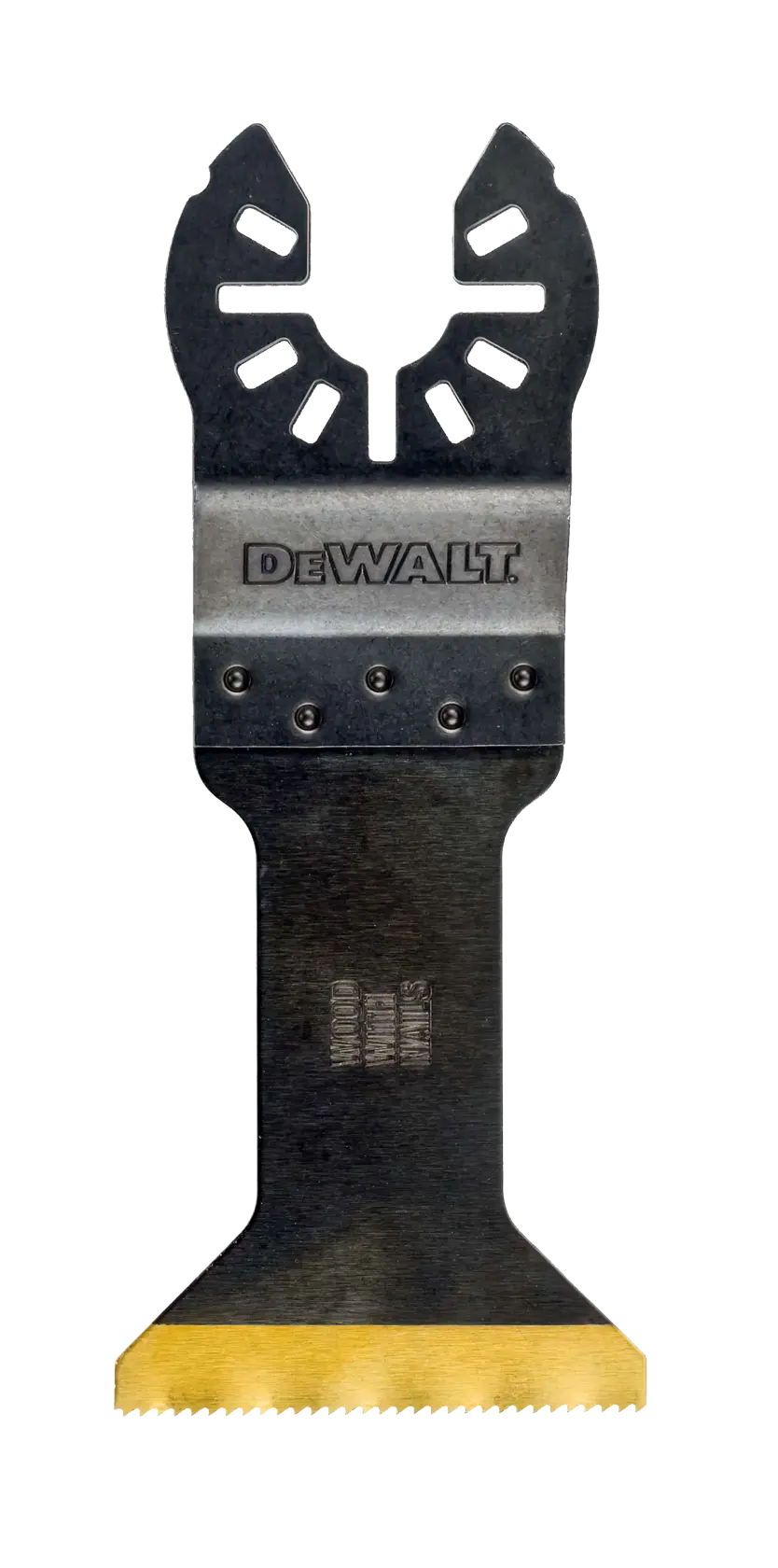 DEWALT DT20702 Mehrmaterial-Oszillierendes Werkzeugblatt mit einer breiten, flachen Schneide und einer schwarz-silbernen Oberfläche. Das Blatt ist für die Verwendung mit oszillierenden Elektrowerkzeugen konzipiert.