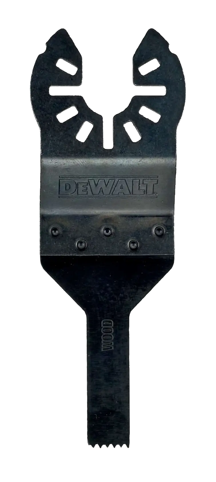 DEWALT DT20706 Holz-Sägeblatt für Multitool, schwarze Oberfläche, gerade Kante, Befestigungslöcher, vertikal.