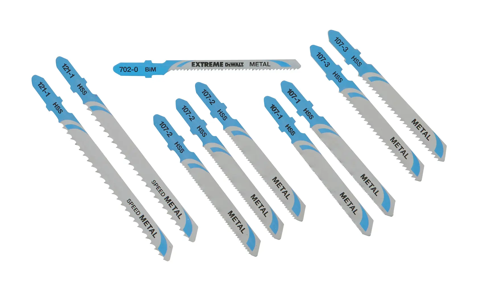 DEWALT DT2292 Metallsägeblätter mit blauen Spitzen, auf weißem Hintergrund angeordnet.