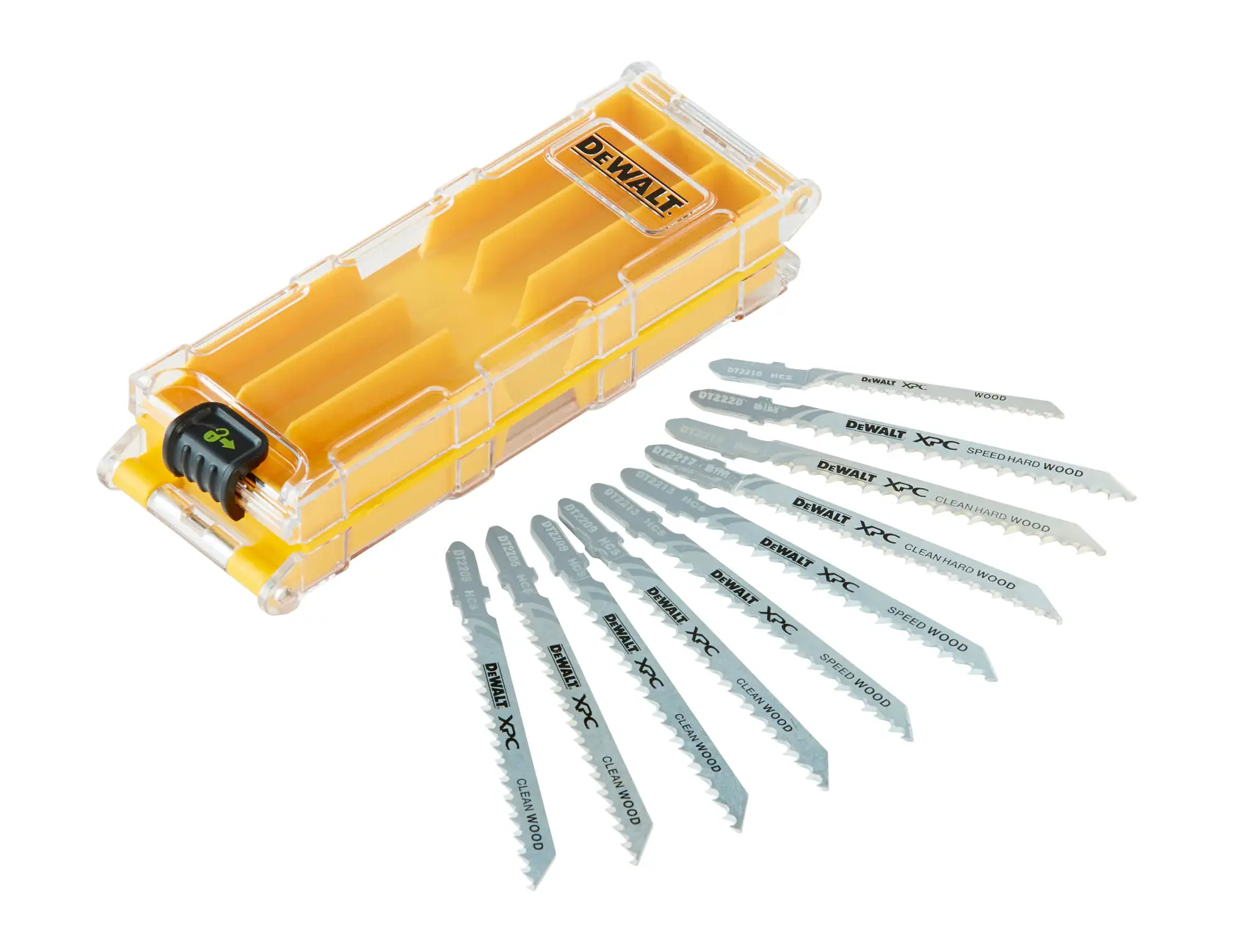 DEWALT Stichsägeblatt-Set mit gelbem Aufbewahrungskasten und zehn Metallblättern davor.