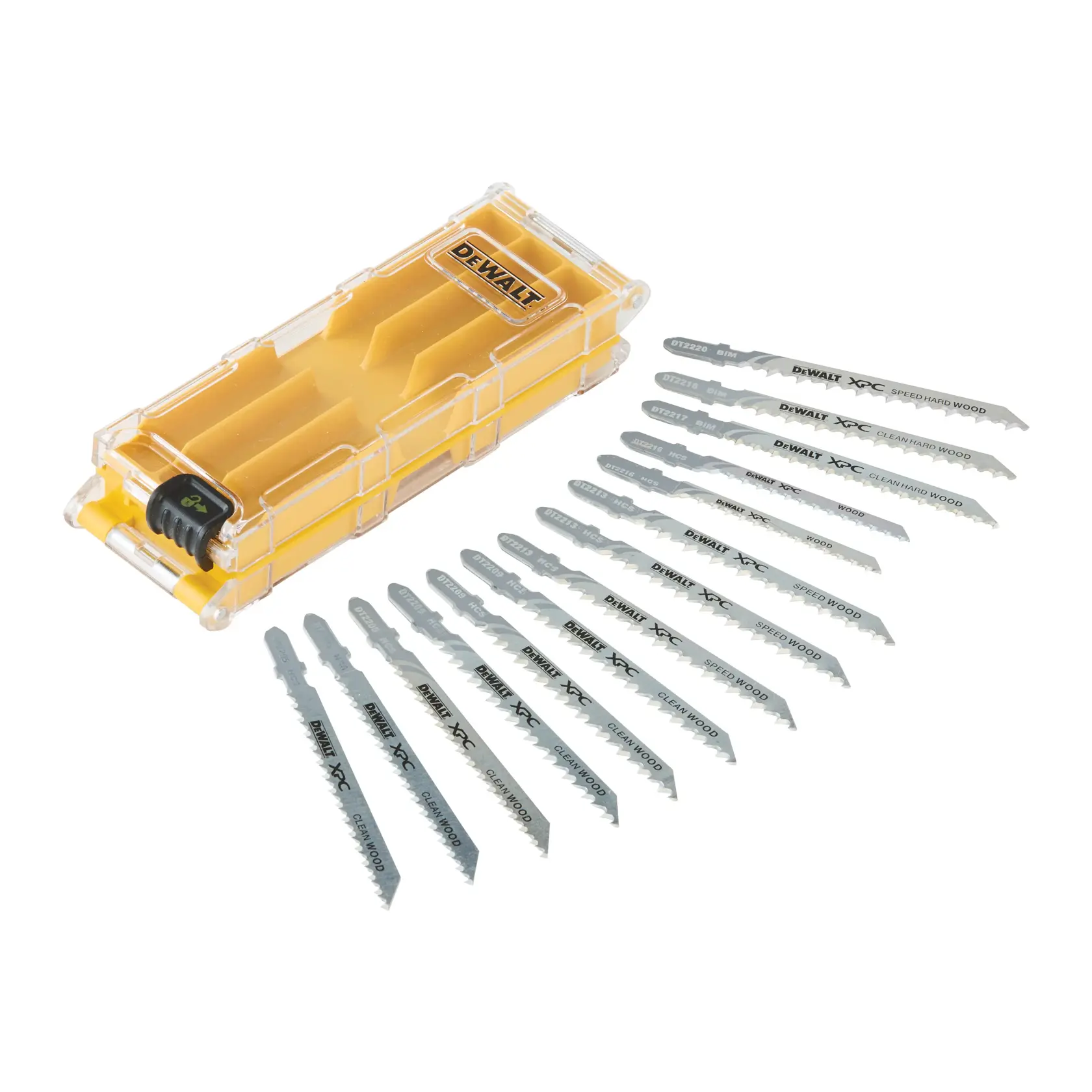 A DEWALT DT2298 jigsaw blade set with a yellow and transparent plastic storage case. The set includes multiple metal jigsaw blades arranged in rows beside the case.