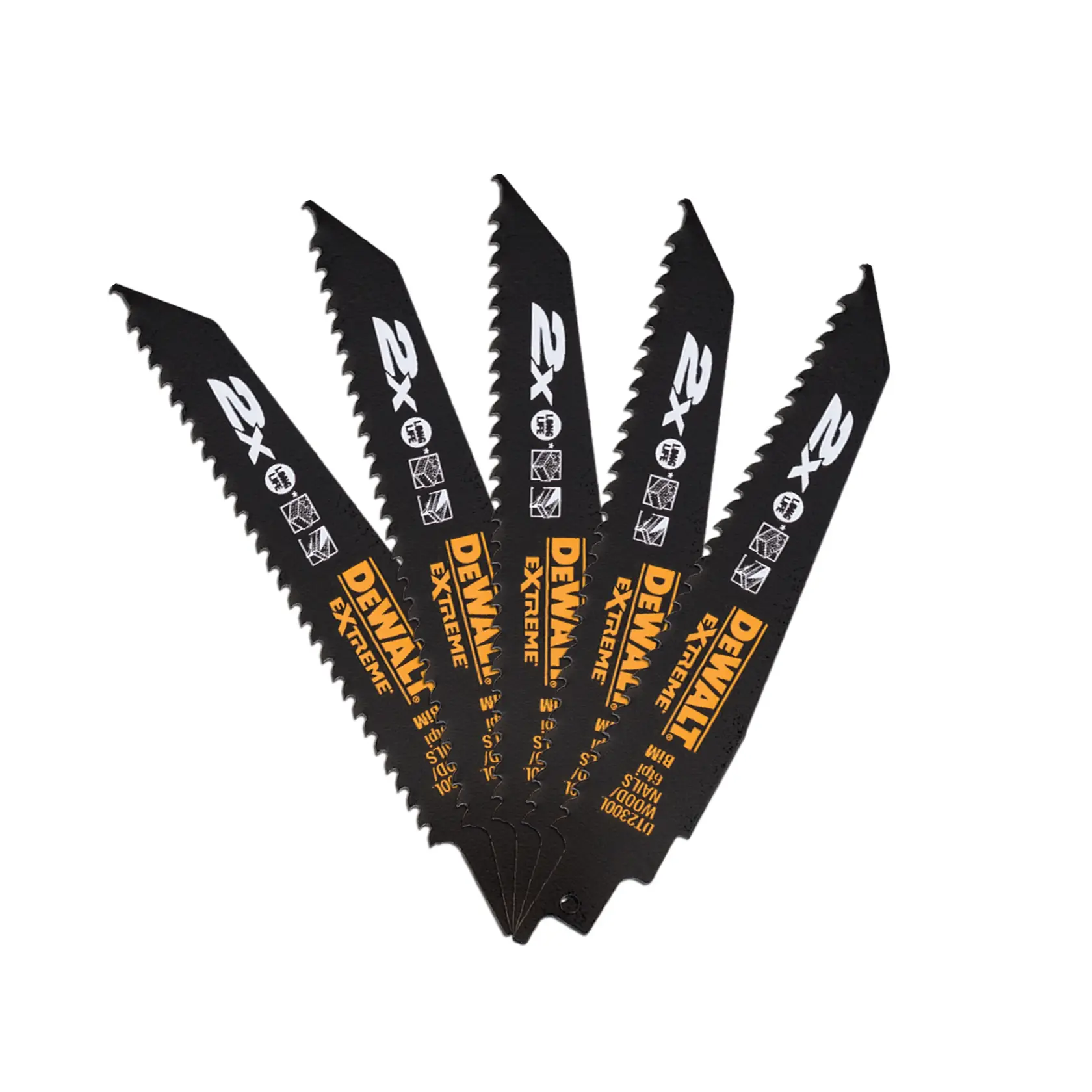 Fünf DEWALT DT2300L schwarze Säbelsägeblätter fächerförmig mit gut sichtbarer Marken- und Produktinfo.