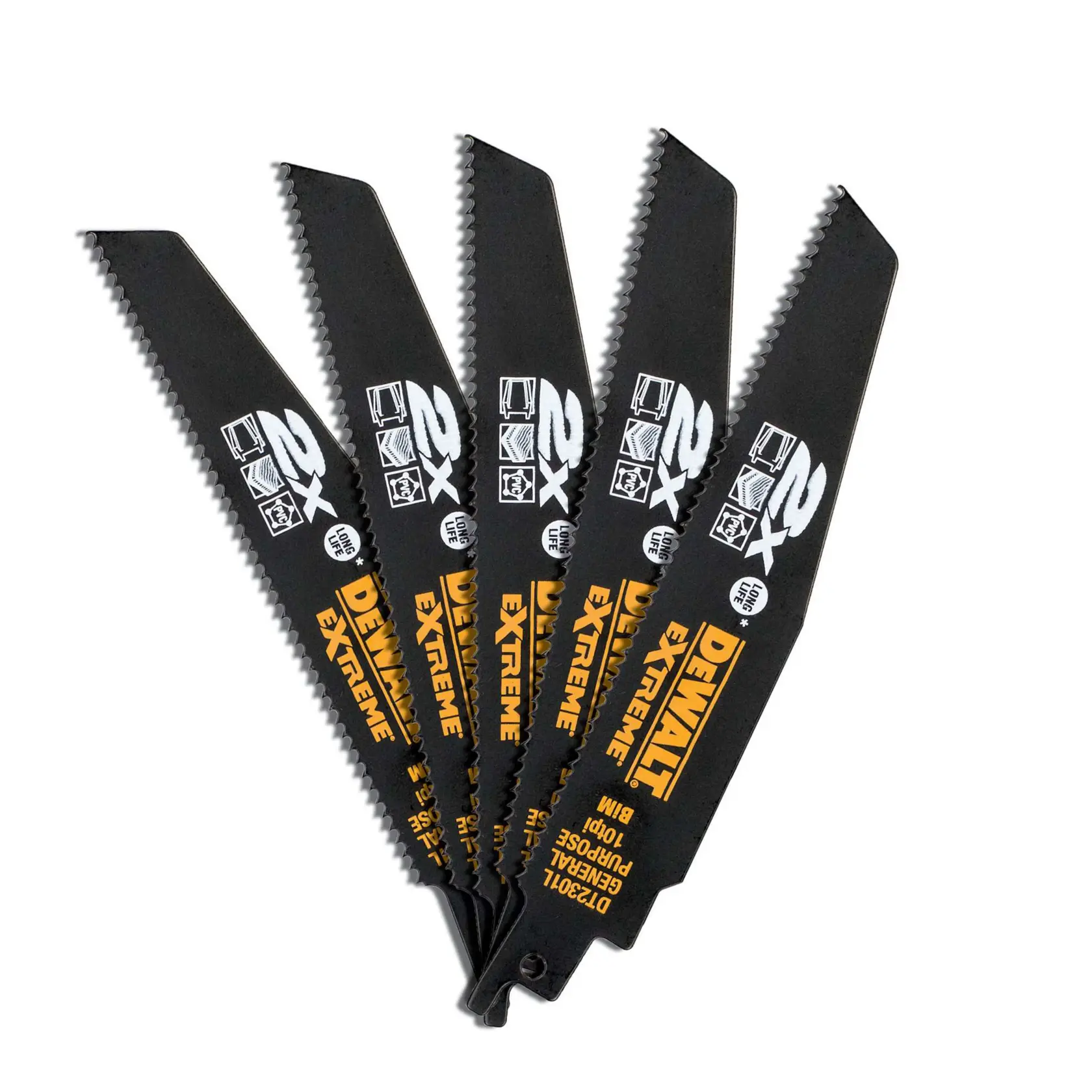 Fünf DEWALT DT2301L Sägeblätter, schwarz mit gelber Schrift, fächerförmig angeordnet.