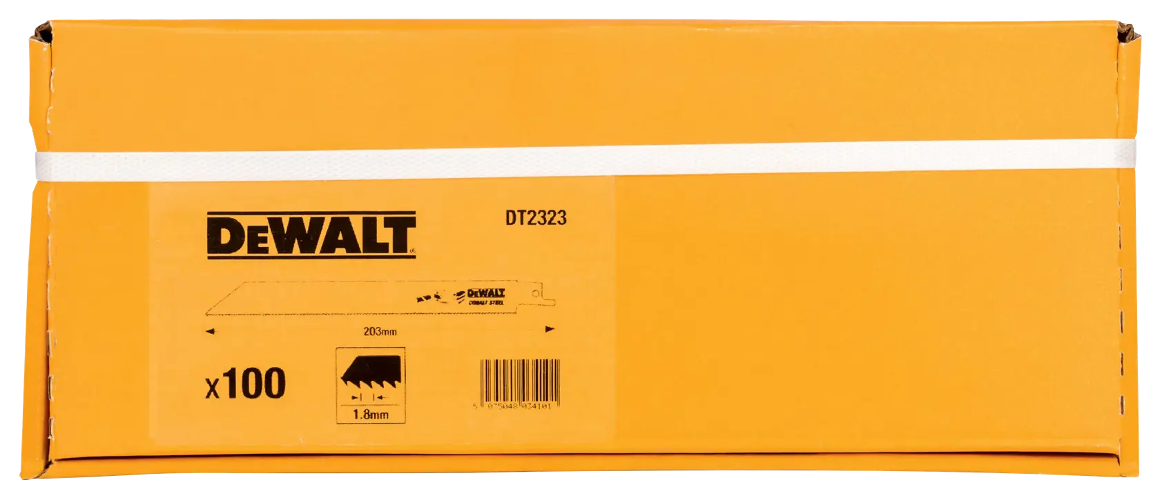 DEWALT DT2320 gelbe Box mit 100 Säbelsägeblättern, ein Blatt vorne gezeigt.