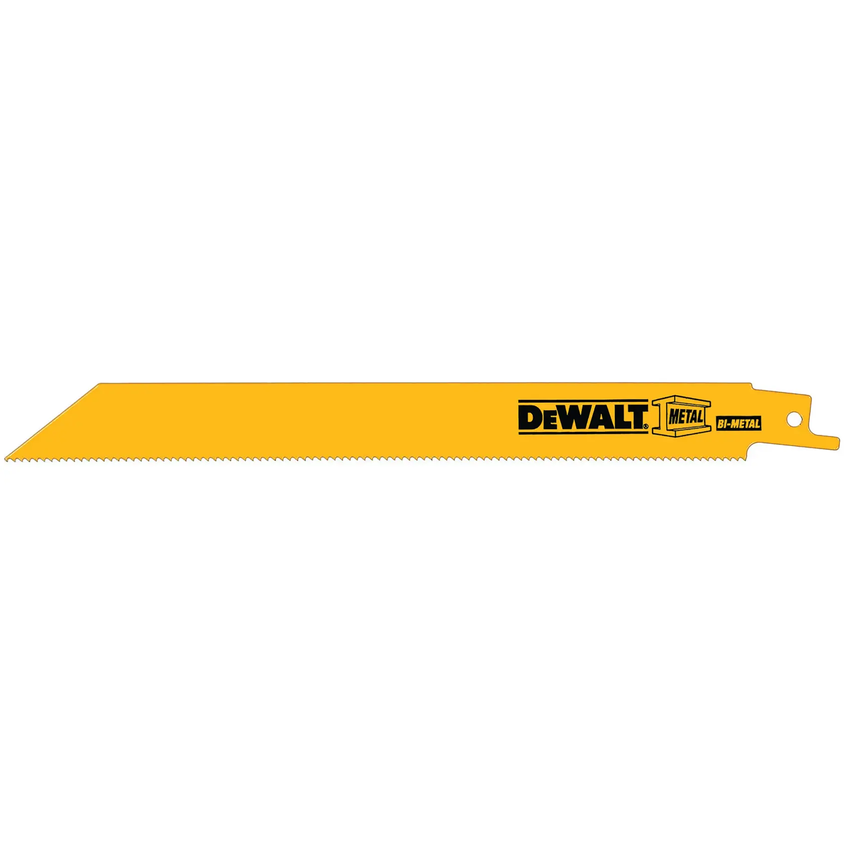 Gelbes DEWALT Bi-Metall Säbelsägeblatt für das Schneiden von Metall, mit feinen Zähnen an einer Kante und Markenaufdruck auf der Klinge.