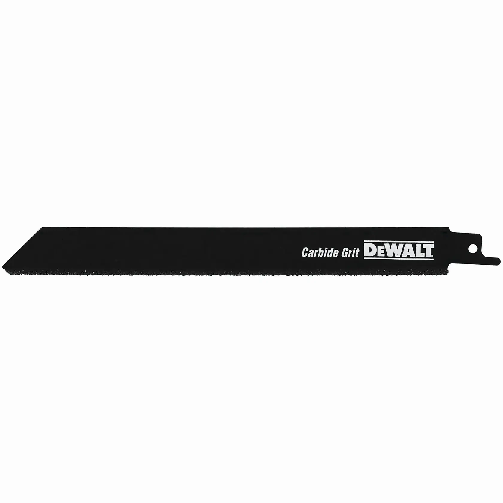 Ein schwarzes DEWALT Carbide Grit Säbelsägeblatt, DT2333, geeignet zum Schneiden von harten Materialien.