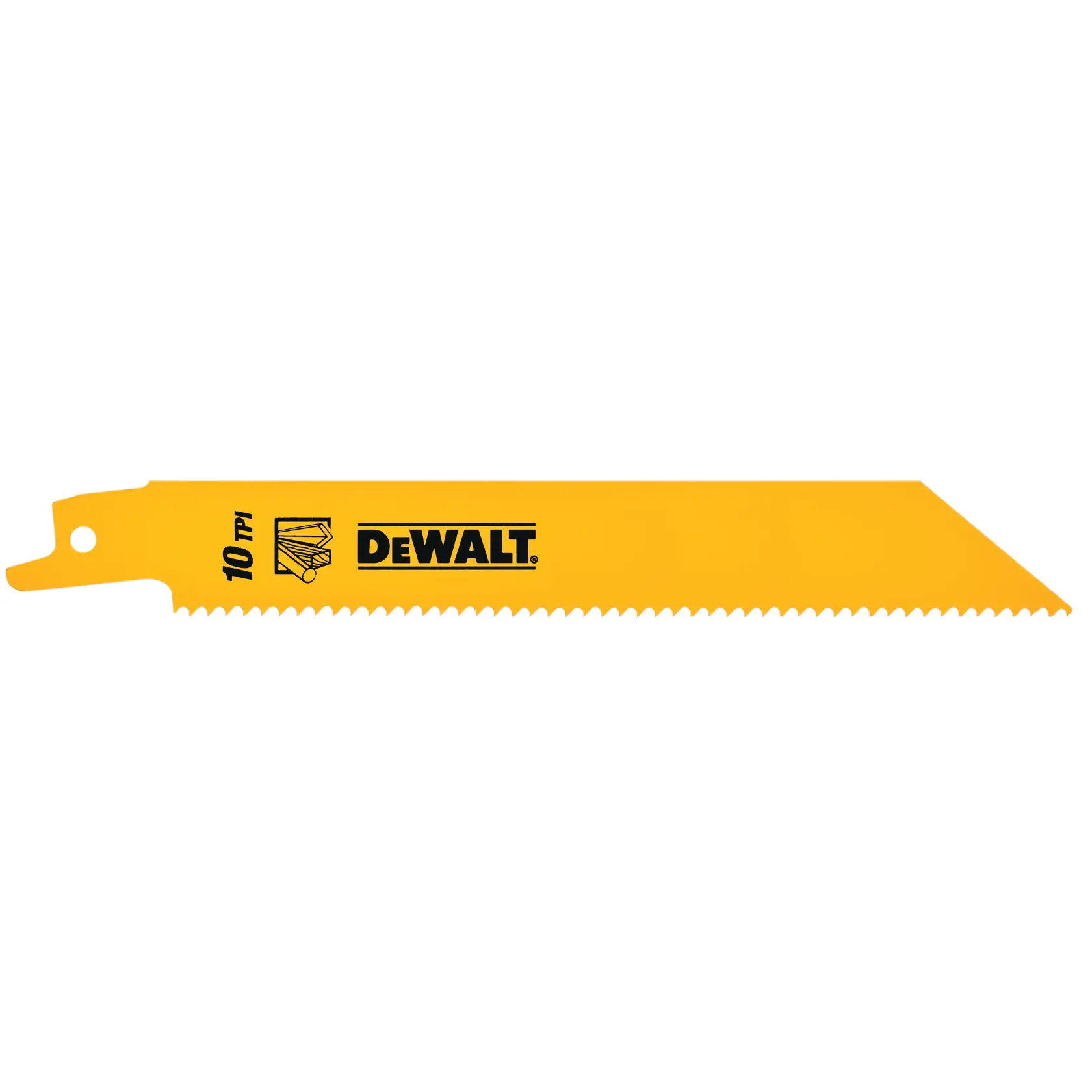 Gelbes DEWALT Sägeblatt mit gezacktem Rand, 10 TPI, für Schneid- und Werkzeuganwendungen.