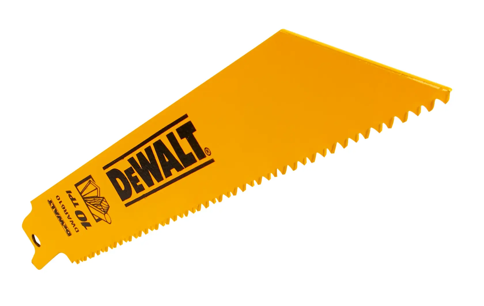 Gelbes DEWALT Sägeblatt mit gezacktem Rand, Modell DT2345, auf weißem Hintergrund.