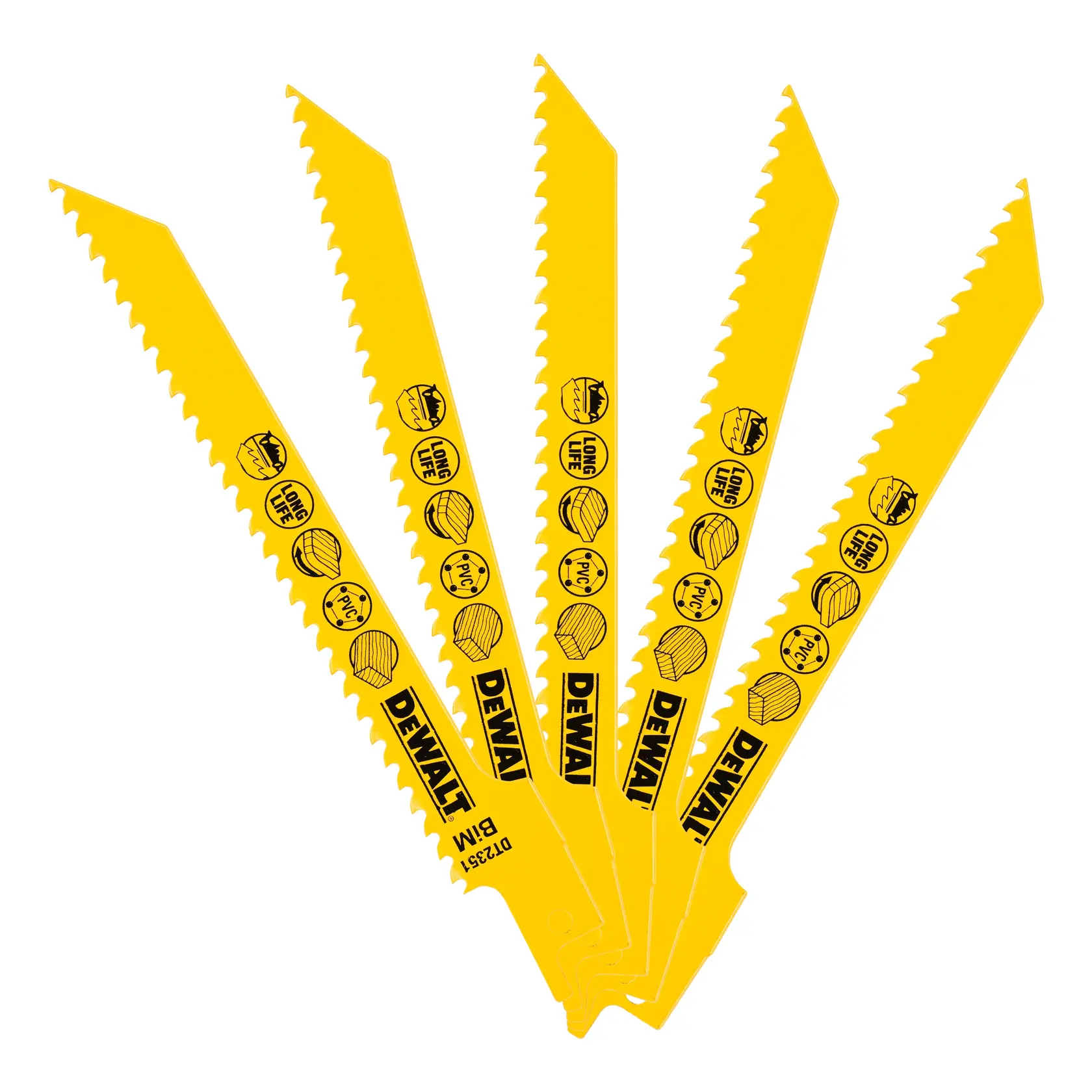 Fünf gelbe DEWALT DT2351 Sägeblätter, schwarze Schrift und Materialkompatibilitätssymbole.