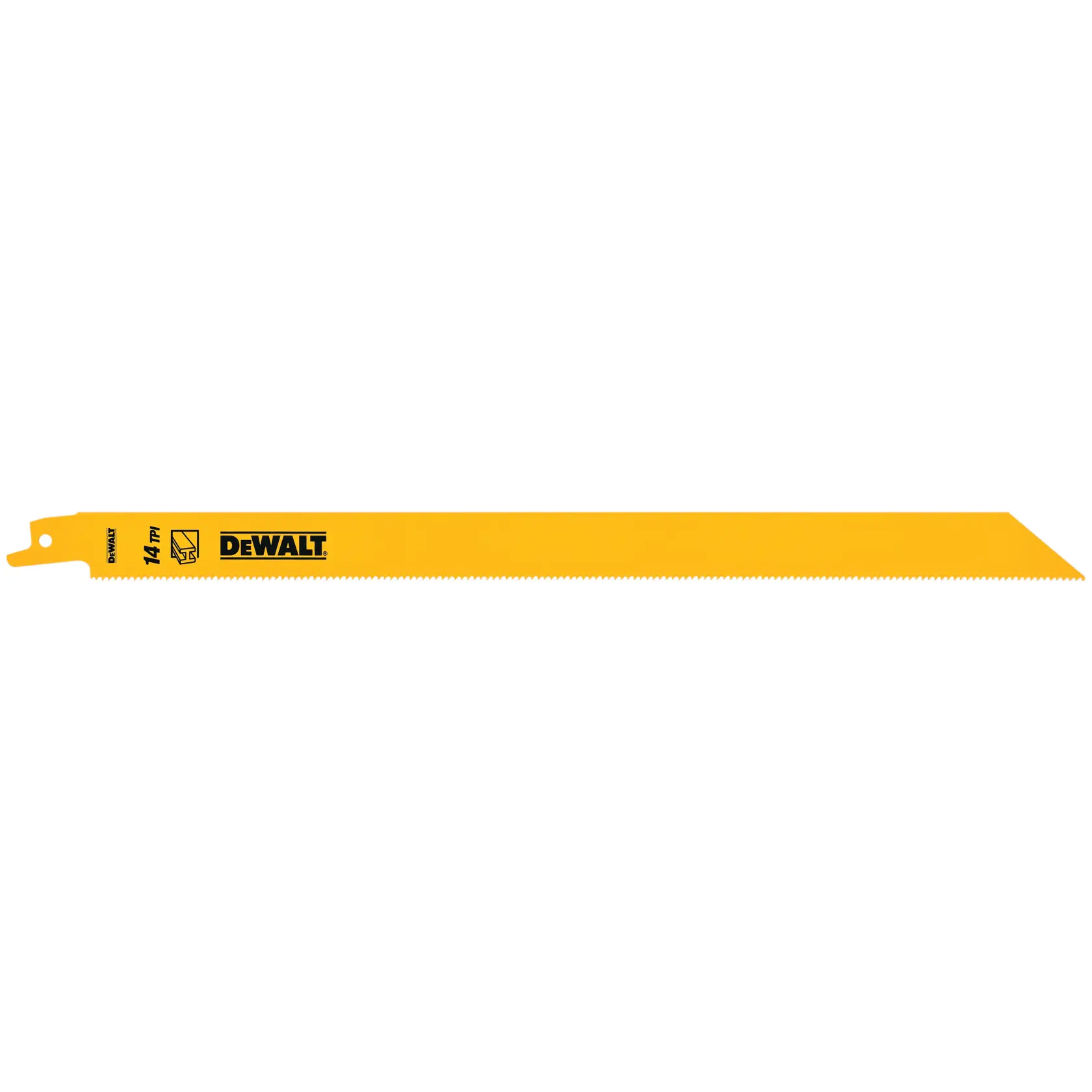 Ein gelbes DEWALT Säbelsägeblatt mit feinen Zähnen, Modell DT2355, geeignet zum Schneiden von Metall.