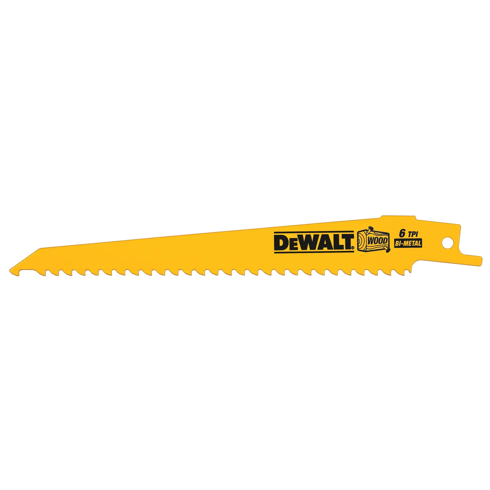 Gelbes DEWALT Sägeblatt für Holz, aus Bi-Metall, mit 6 Zähnen pro Zoll.
