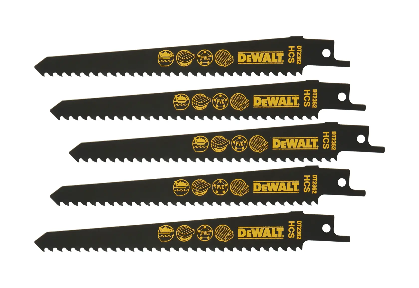 Fünf schwarze DEWALT DT2362 Säbelsägeblätter für Holz und PVC, nebeneinander angeordnet.