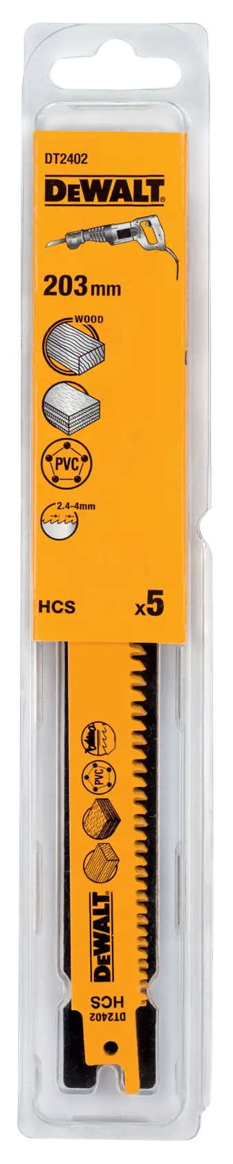 DEWALT DT2402 Pack mit 5 Sägen, 203mm, für Holz und PVC, gelbe Markenverpackung.