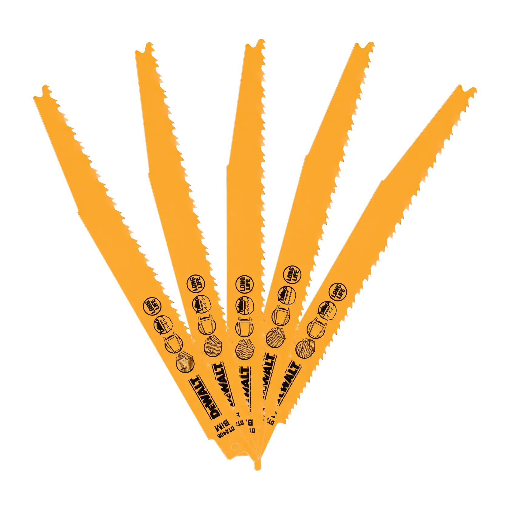 Fünf gelbe DEWALT DT2406 Säbelsägeblätter für Holz, fächerförmig angeordnet.