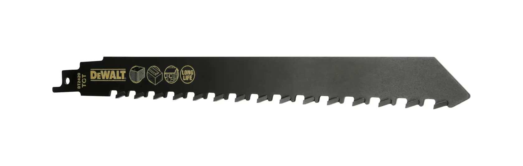 DEWALT DT2420 Säbelsägeblatt, schwarz, lange Lebensdauer, geeignet für Holz, Verpackung sichtbar.
