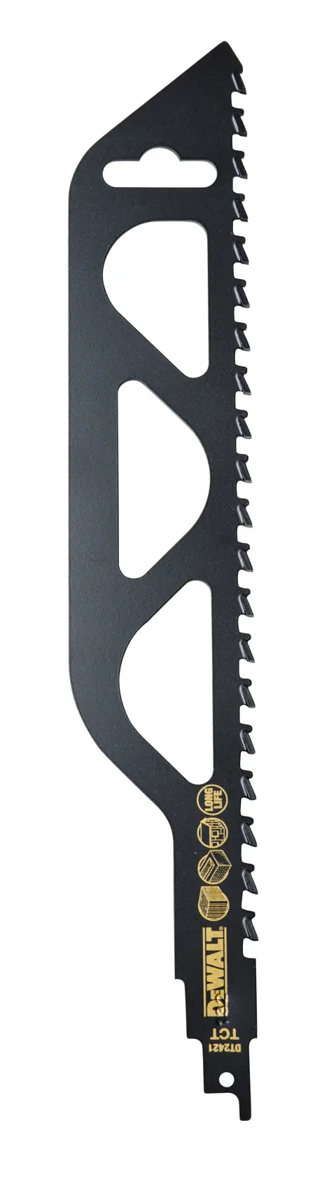 DEWALT DT2421 schwarze Sägeblatt mit Zähnen zum Schneiden von Holz oder Metall.