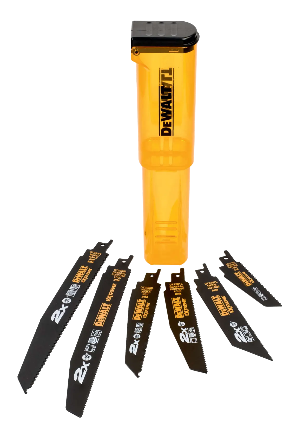 Satz aus sechs schwarzen DEWALT-Säbelsägeblättern vor einem transparenten gelben DEWALT-Aufbewahrungsetui mit schwarzem Deckel.