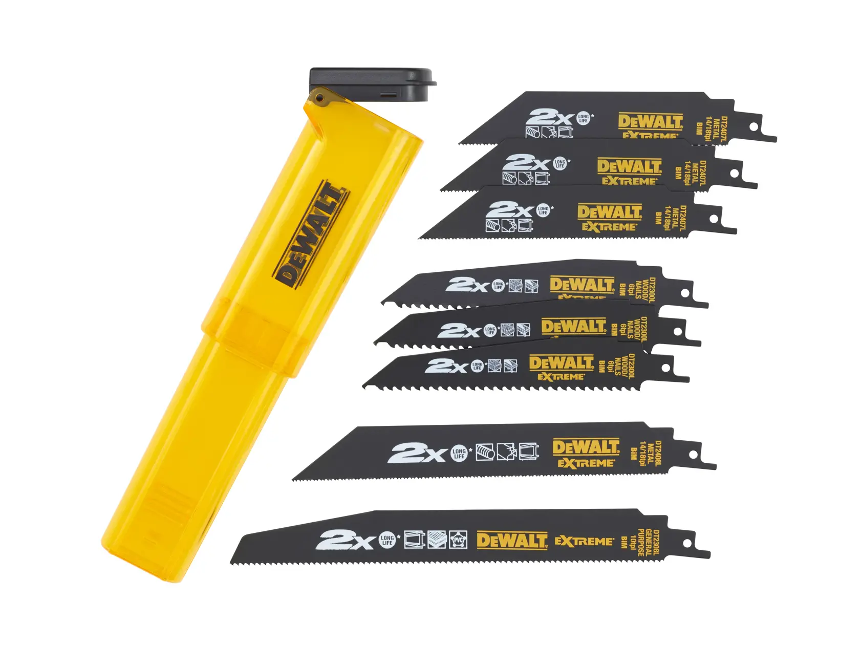 DEWALT DT2443L Säbelsägeblätter-Set mit gelbem Etui, enthält acht schwarze Blätter.