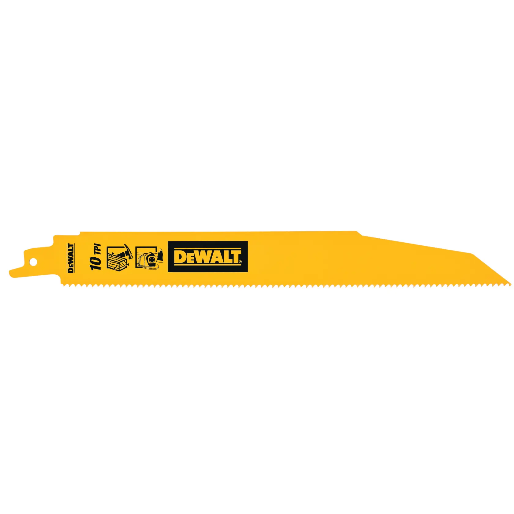Gelbes DEWALT Sägeblatt mit 10 TPI und Logo. Geeignet für Holz und für Säbelsägen verwendbar.