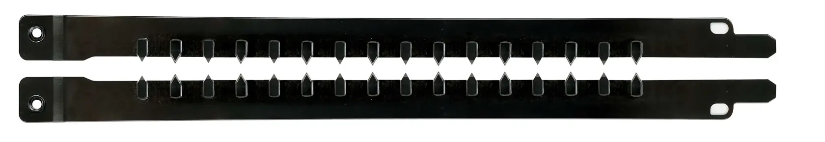 Schwarze Metallleiste mit gleichmäßigen Schlitzen zum Organisieren oder Halten von Werkzeugen.