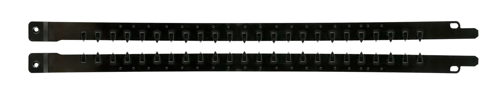Zwei schwarze Metallstreifen mit Kerben, vermutlich Ersatzteil für Werkzeug oder Maschine.