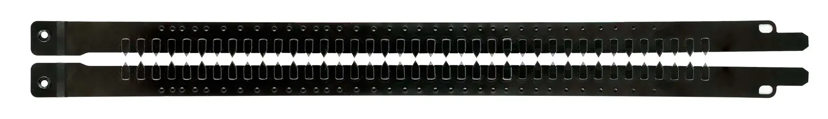 Zwei schwarze Metallstreifen mit Zähnen, vermutlich Ersatzklingen für ein DEWALT-Werkzeug.