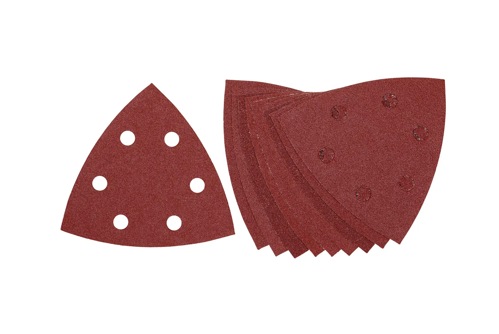 Un juego de hojas de lija triangulares rojas con seis orificios en cada una, diseñadas para lijadoras de detalles.