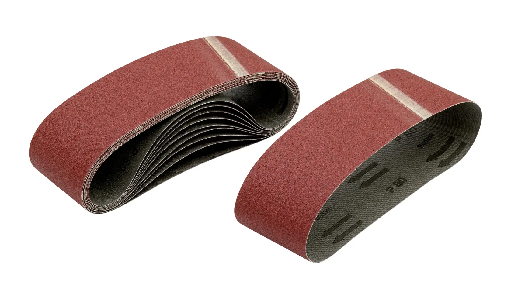 Zwei DEWALT Schleifbänder in Braun auf weißem Hintergrund dargestellt.