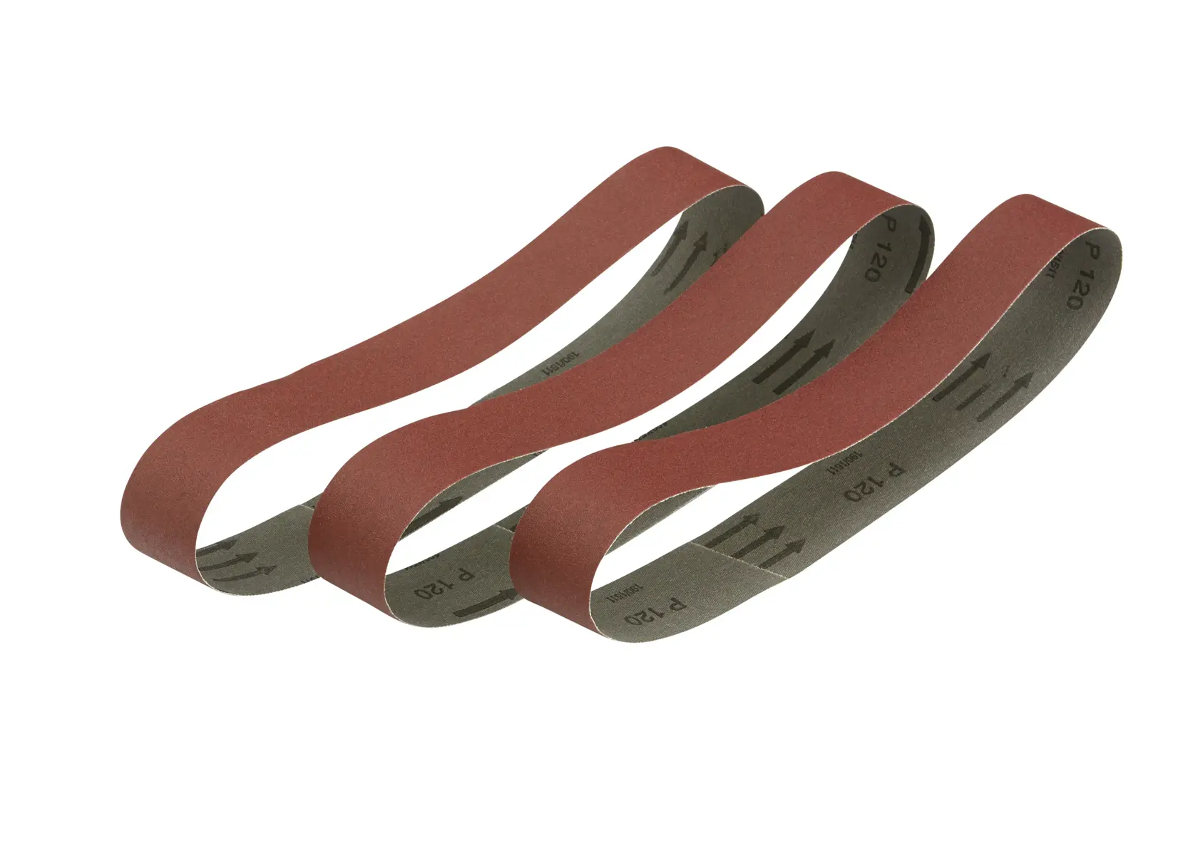Three DEWALT sanding belts, reddish-brown, looped, for power tools. Surface marked with grit type P120.