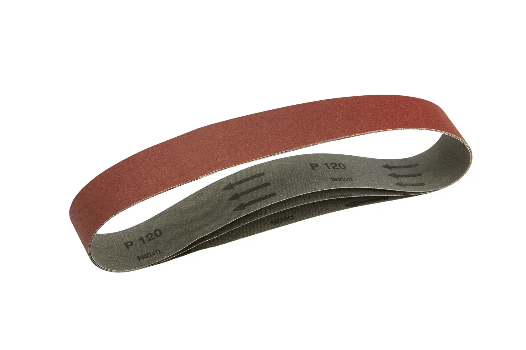 Red DEWALT sanding belt P120 grit for power tools, shown against a white background.