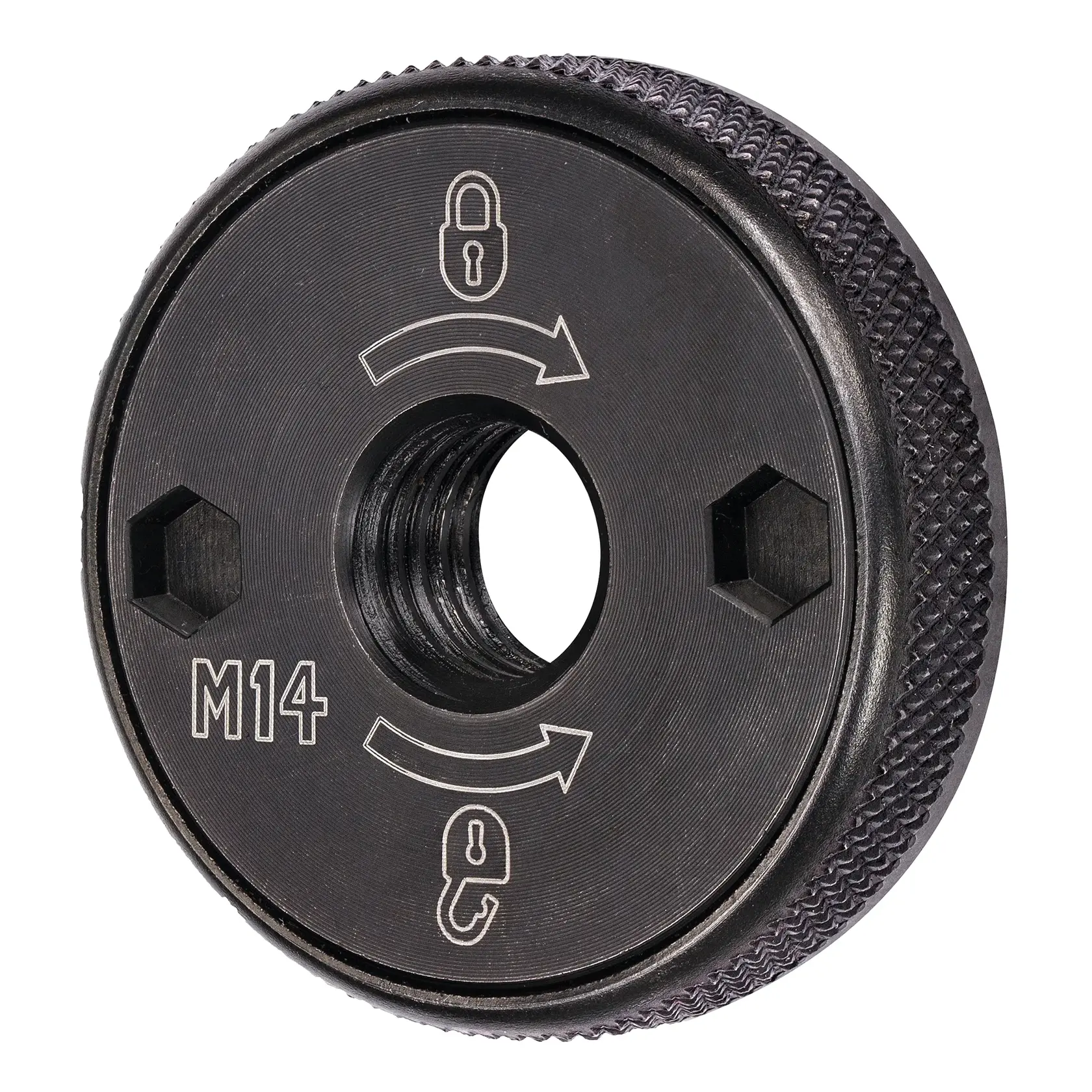 DEWALT DT3559 M14 Metallmutter für Winkelschleifer mit Schloss-Symbolen und Pfeilen.