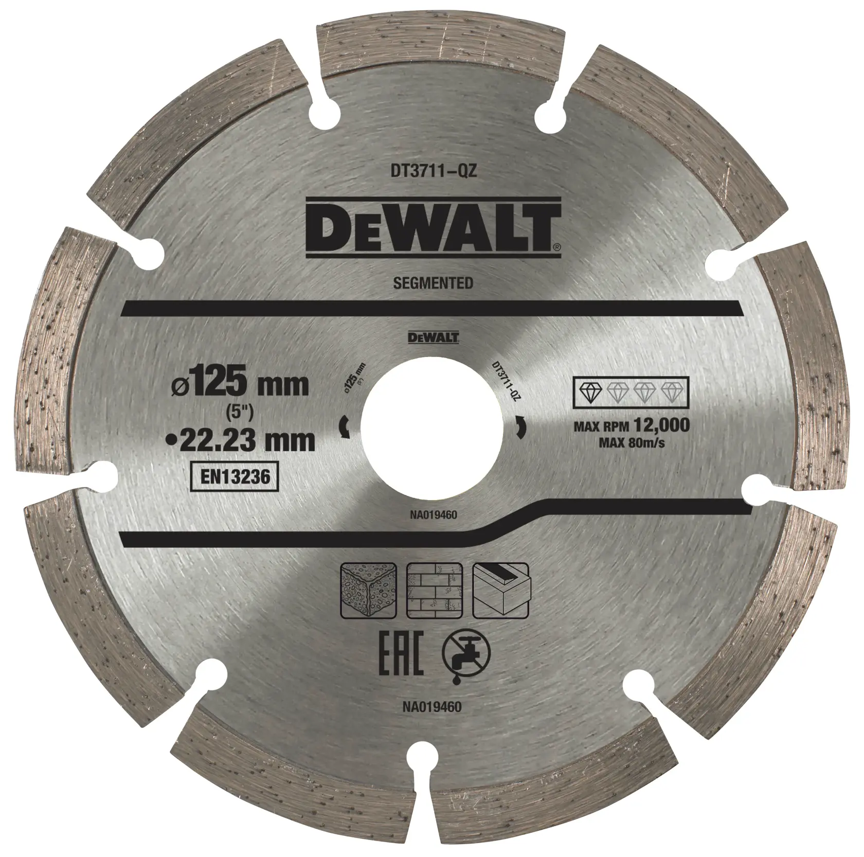 DEWALT segmentierte Diamantscheibe, 125 mm Durchmesser, für Stein, Beton und Materialien. Modell DT3711.
