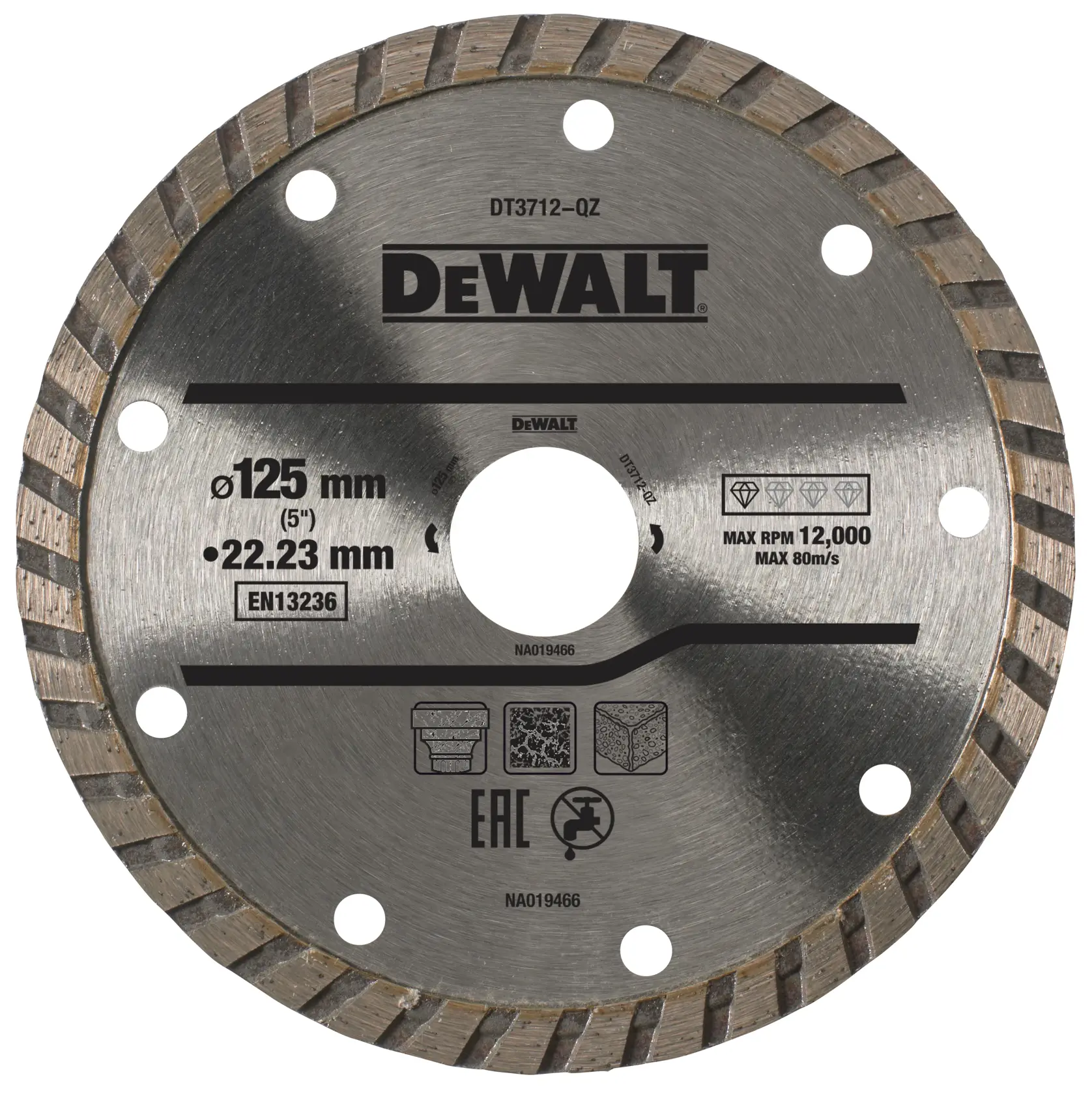 Eine DEWALT DT3712-QZ Diamant-Trennscheibe mit einem Durchmesser von 125 mm und einer Bohrung von 22,23 mm. Die Scheibe ist mit einem segmentierten Rand, mehreren Befestigungslöchern und Gebrauchsanweisungen sowie Spezifikationen gekennzeichnet, darunter eine maximale Drehzahl von 12.000 U/min und eine maximale Geschwindigkeit von 80 m/s. Geeignet zum Schneiden von verschiedenen Materialien wie Fliesen und Beton.