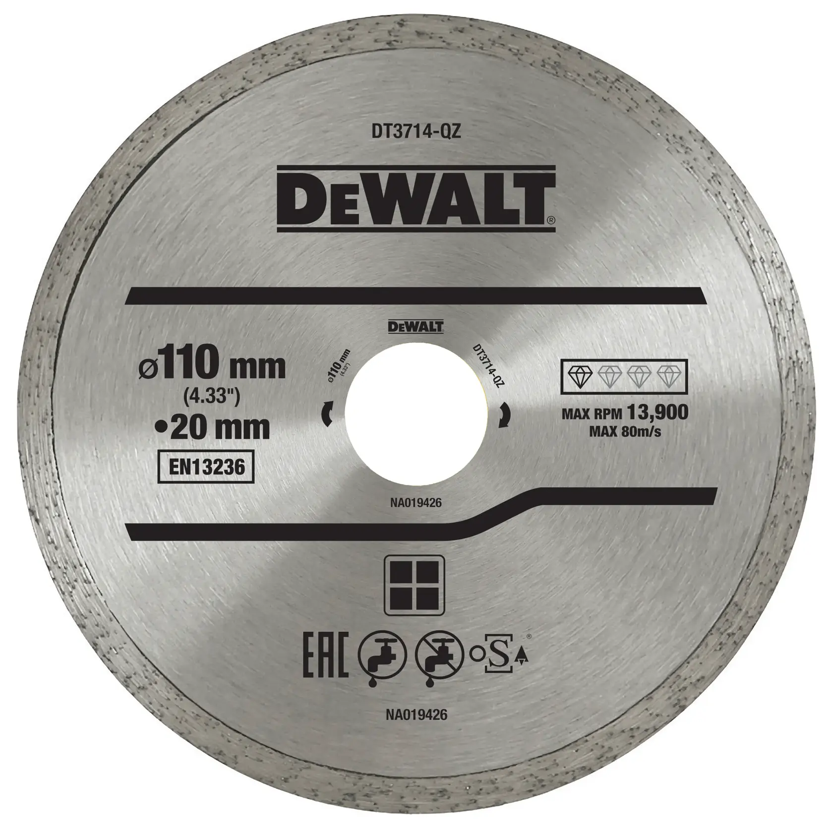 DEWALT DT3714 Diamantscheibe 110mm mit 20mm Loch, silber, bedruckt für Schneidearbeiten.
