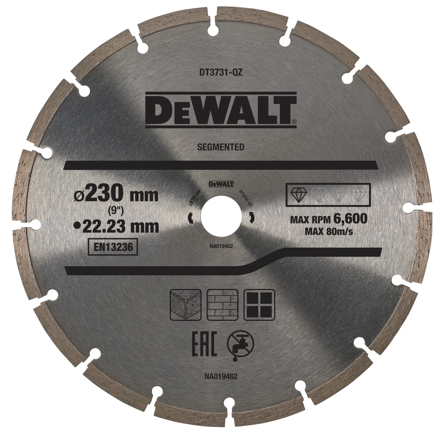 DEWALT segmentierte Diamantscheibe, 230mm Durchmesser, für Stein, Beton und Ziegel.