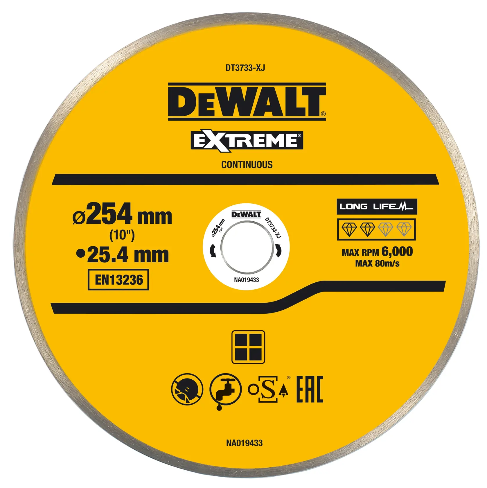 Eine gelbe DEWALT Extreme Continuous Diamantscheibe, Modell DT3733-XJ, mit einem Durchmesser von 254 mm und einer Bohrung von 25,4 mm. Sie ist für eine lange Lebensdauer ausgelegt, mit einer maximalen Drehzahl von 6.000 U/min und 80 m/s. Die Scheibe zeigt Zertifizierungszeichen und technische Spezifikationen auf dem Etikett.