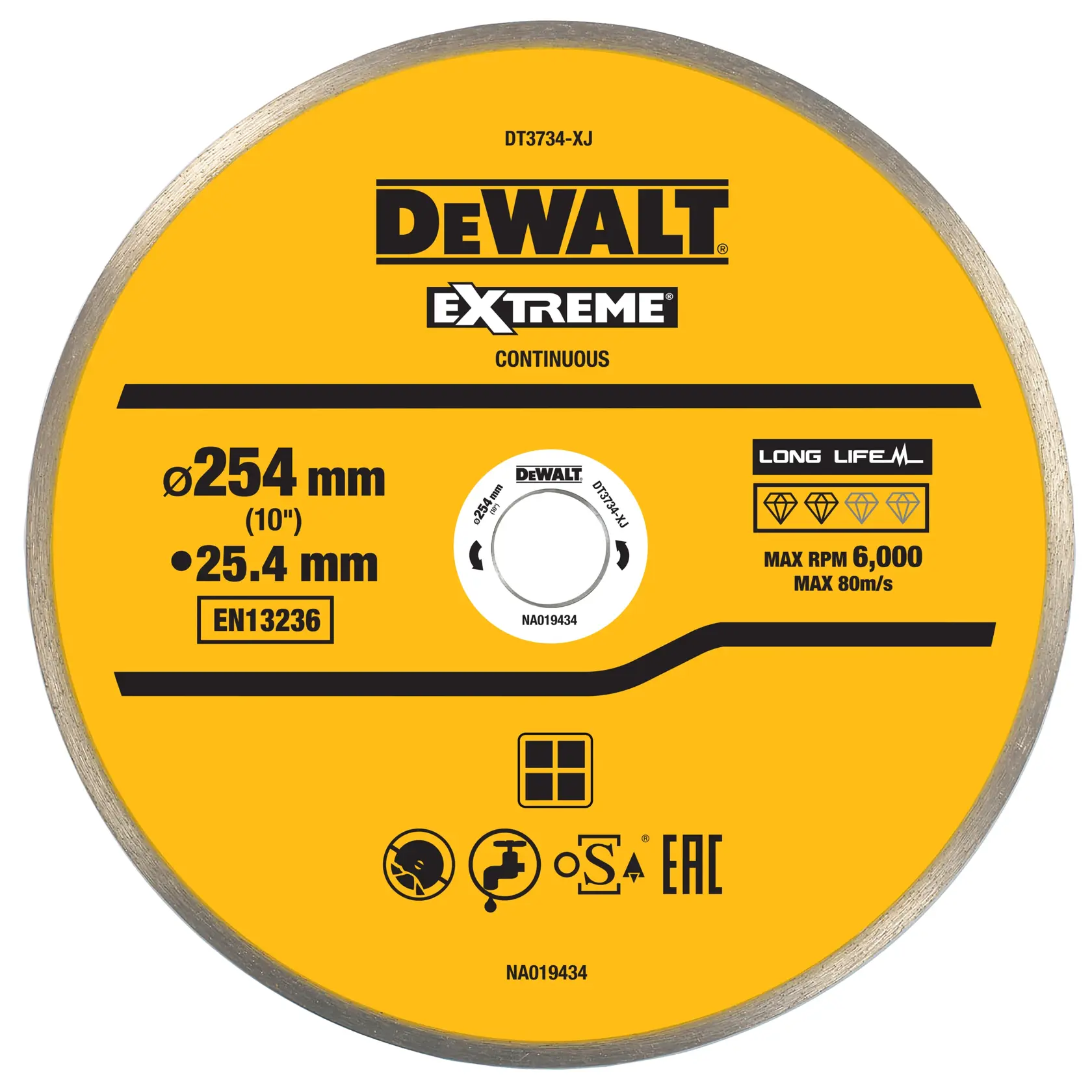 DEWALT DT3734, DT3734-QZ Fotografie 254mm Extreme Scheibe mit Spezifikationen auf gelber Disk.