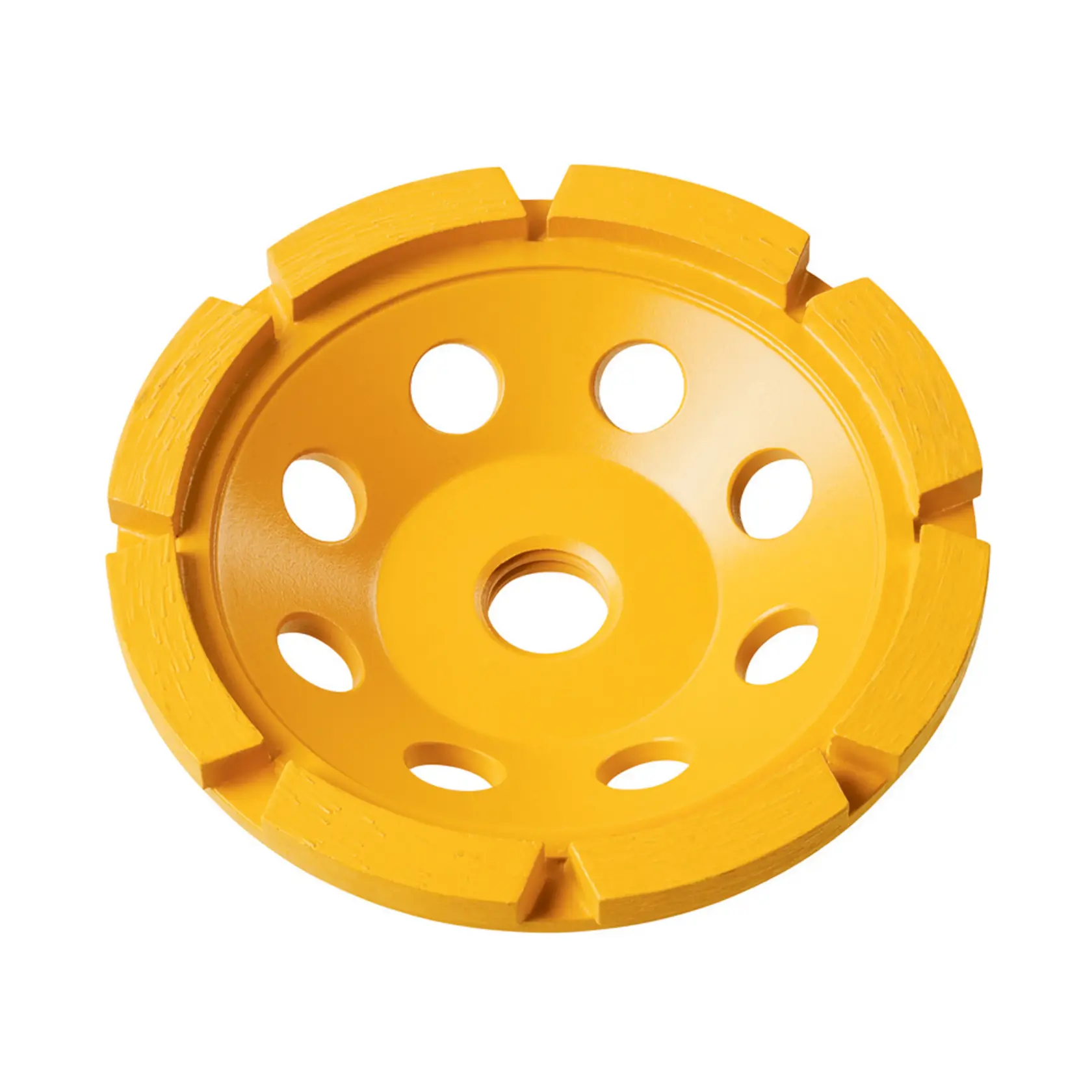 Gelbes DEWALT Schleifrad mit Löchern und Segmentrand zur effizienten Materialentfernung.