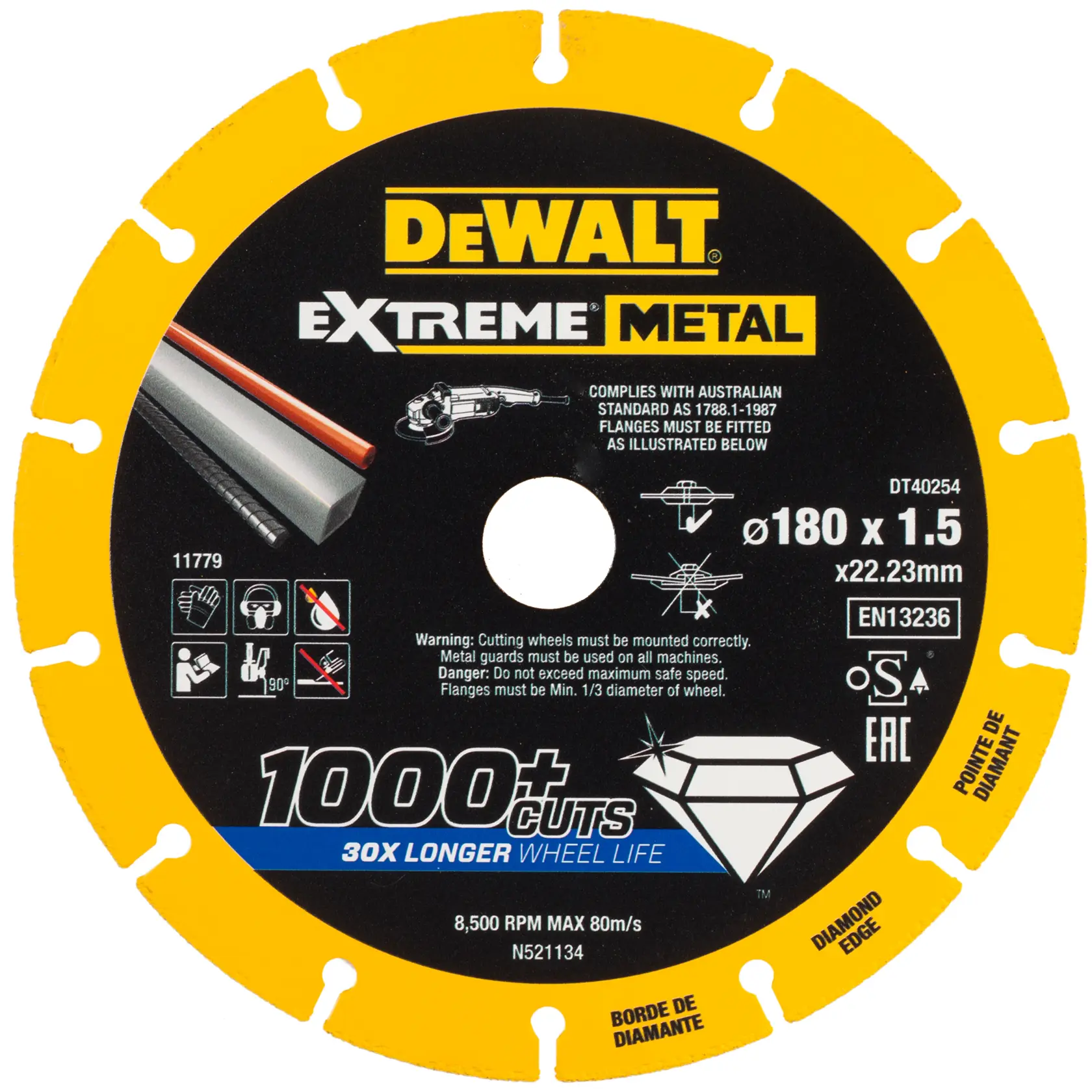 DEWALT DT40254 Extreme Metall-Trennscheibe, Diamantrand, 180mm, 1000+ Schnitte, gelb-schwarz.