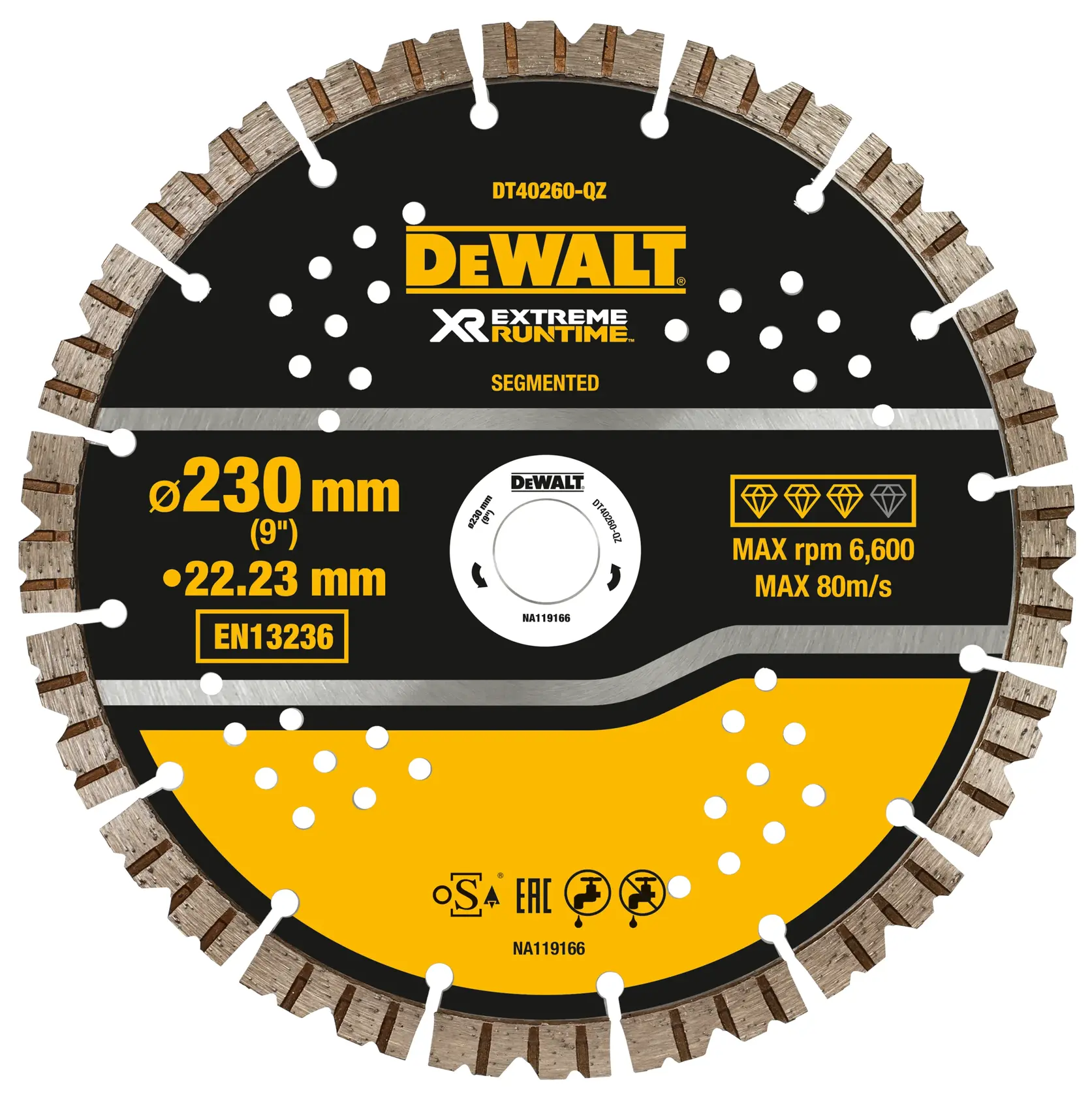 DEWALT DT40260 segmentierte Diamantscheibe, 230 mm Durchmesser, max 6600 U/min, gelb-schwarz.
